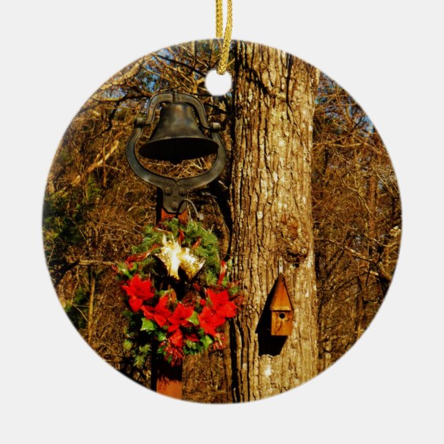 Christmas Wreath Old Bells and Birdhouse Ceramic Tree Decoration (Front)