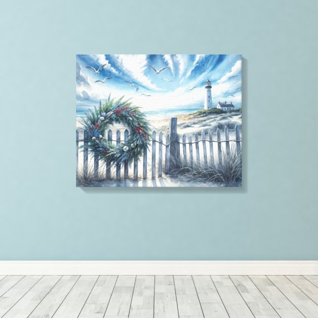 Christmas Wreath On a Beach Fence Canvas Print (Insitu(Wood Floor))