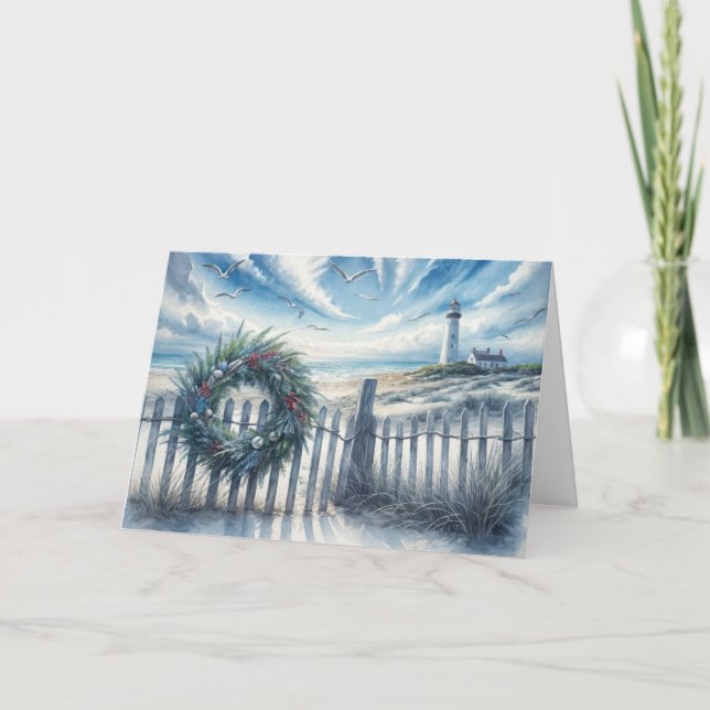 Christmas Wreath On a Beach Fence Card (Front)