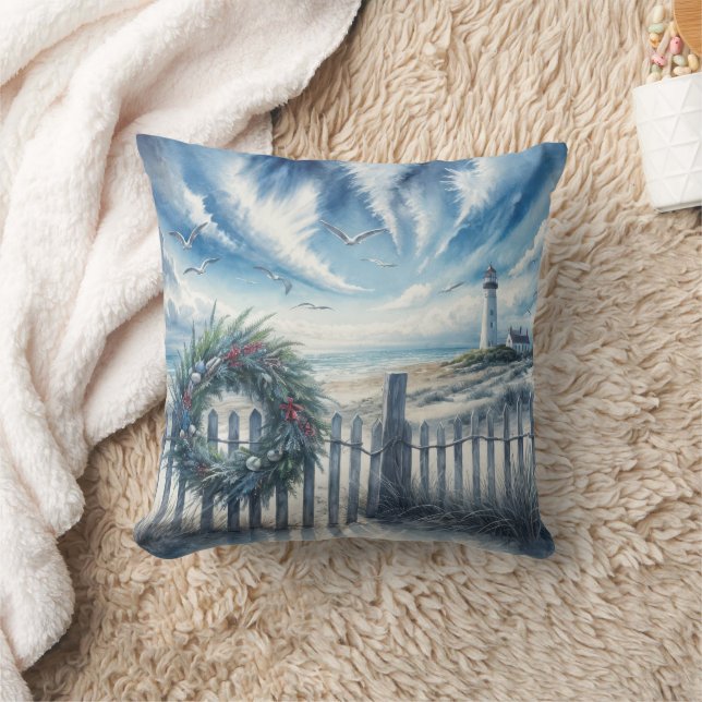 Christmas Wreath On a Beach Fence Cushion (Blanket)