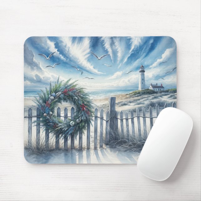 Christmas Wreath On a Beach Fence Mouse Mat (With Mouse)