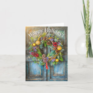 Christmas Wreath on Old Door Holiday Card