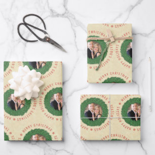 Christmas Wreath Pattern Personalised Photo Wrapping Paper Sheet