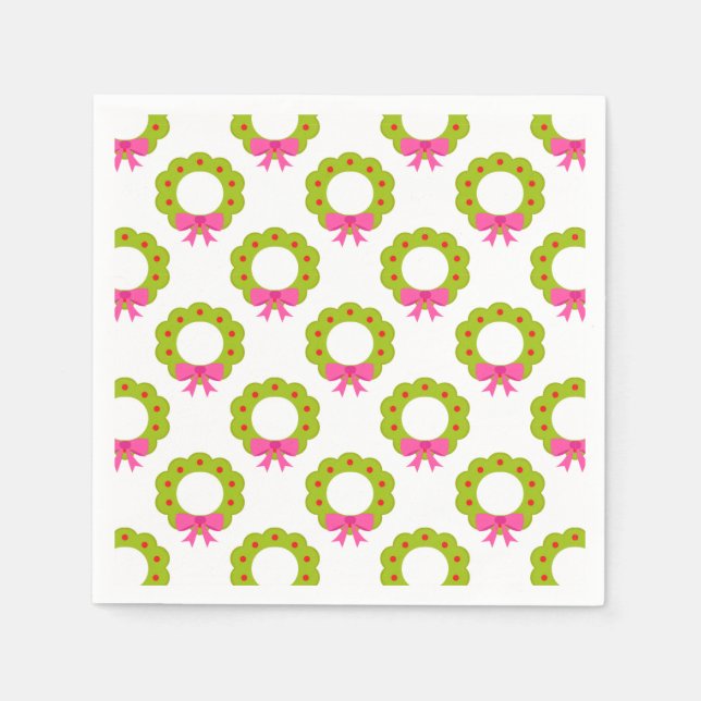 Christmas Wreath Pattern – Pink Bow Holiday Design Napkin (Front)