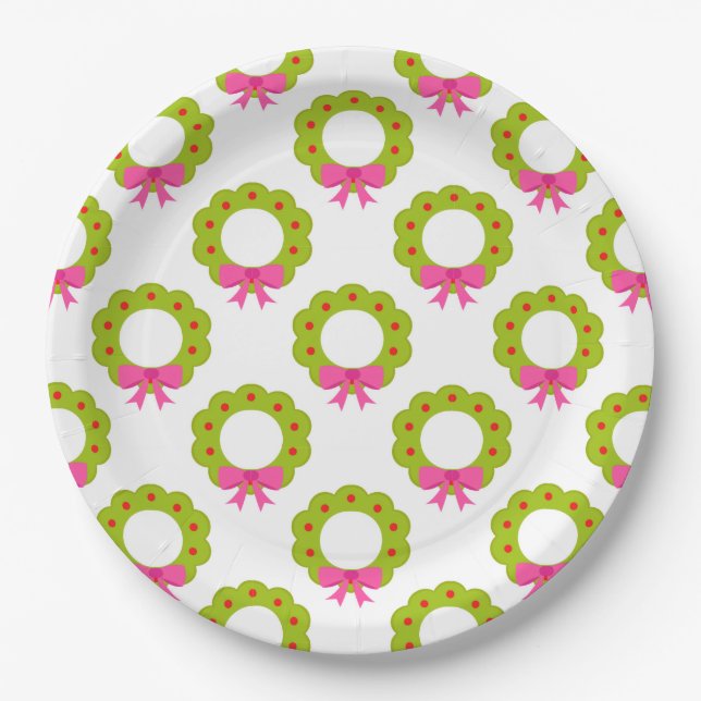 Christmas Wreath Pattern – Pink Bow Holiday Design Paper Plate (Front)