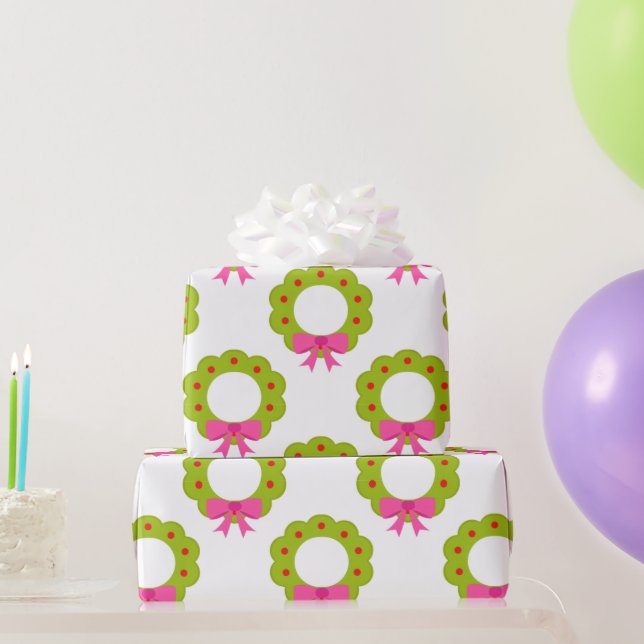 Christmas Wreath Pattern – Pink Bow Holiday Design Wrapping Paper (Party Gifts)