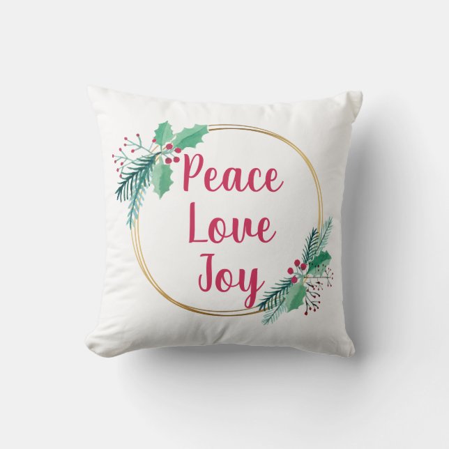 Christmas Wreath Peace Love and Joy Modern Cushion (Front)