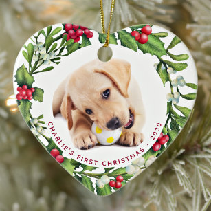 Christmas Wreath Personalised Dog Photo Heart Ceramic Tree Decoration