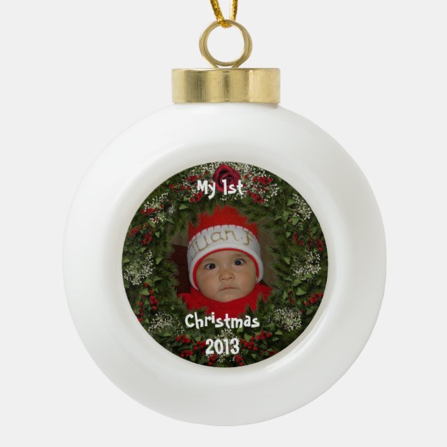 Christmas Wreath Photo Ceramic Tree Ornament (Front)