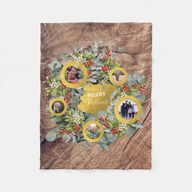 Christmas Wreath Photo Collage Holiday Photo Fleece Blanket (Front)