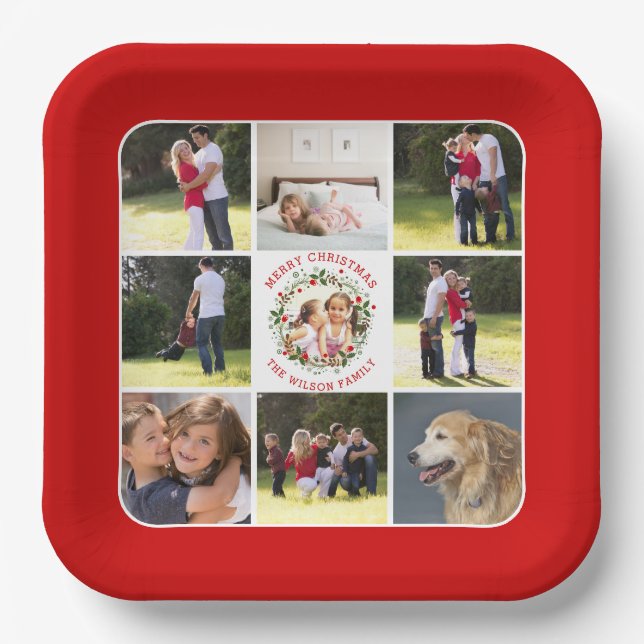 Christmas wreath, photo collage with nine photos paper plate (Front)