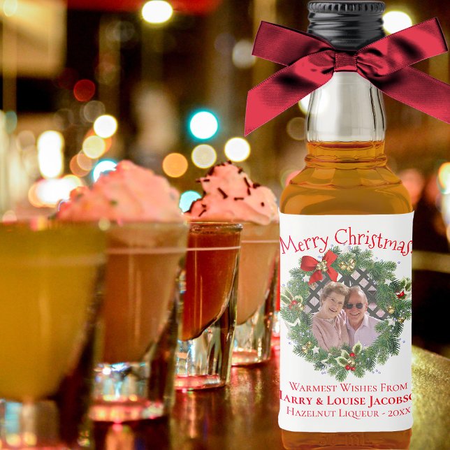 Christmas Wreath Photo Frame Fun Holiday Mini Liquor Bottle Label (In Situ with Bow)