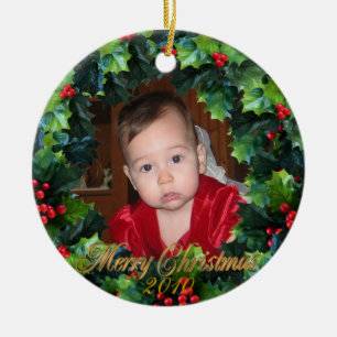 Christmas wreath Photo ornament, Ceramic Tree Decoration