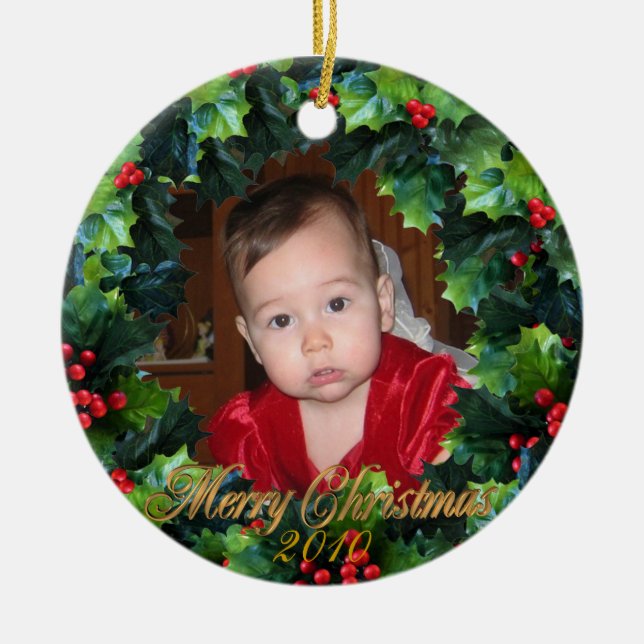Christmas wreath Photo ornament, Ceramic Tree Decoration (Front)