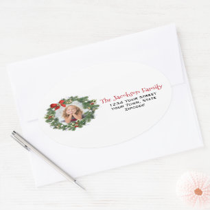 Christmas Wreath Photo Oversized Return Address Oval Sticker