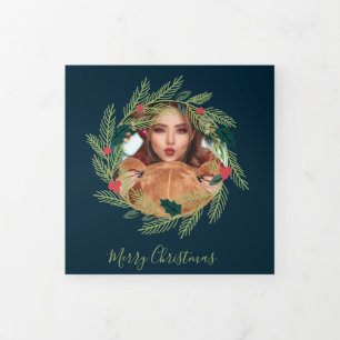 Christmas Wreath  Photo Personalised Christmas Tri-Fold Holiday Card