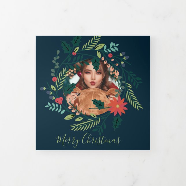 Christmas Wreath Photo Personalised Christmas Tri-Fold Holiday Card (Cover)