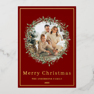 Christmas wreath photo red and gold holiday card