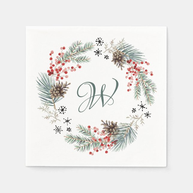 Christmas Wreath Pine Berry Snowflakes Monogram Napkin (Front)