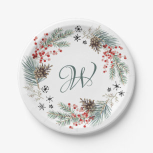Christmas Wreath Pine Berry Snowflakes Monogram Paper Plate