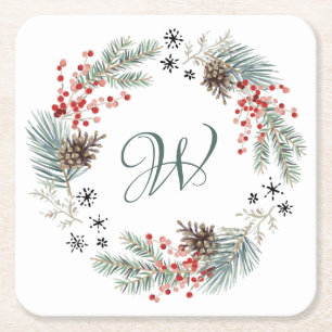 Christmas Wreath Pine Berry Snowflakes Monogram Square Paper Coaster