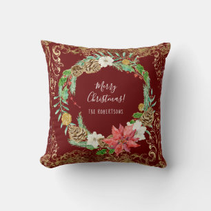 Christmas Wreath Pine Cone Floral Gold Swirls Name Cushion