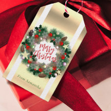 Christmas wreath pine cones, stars, red baubles