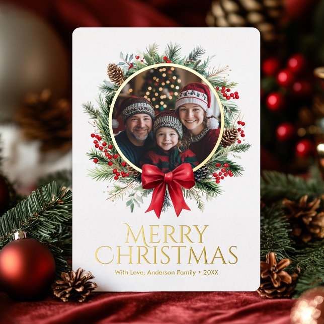 Christmas Wreath Pine Leaves Holly Berries Photo Foil Holiday Card (Christmas Wreath Pine Leaves Holly Berries Photo Foil Holiday Card)