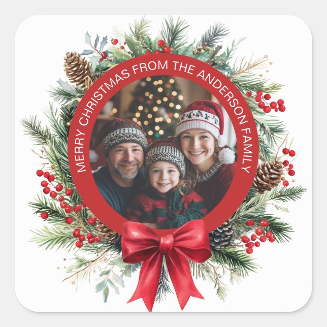 Christmas Wreath Pine Leaves Holly Berries Photo Square Sticker (Front)