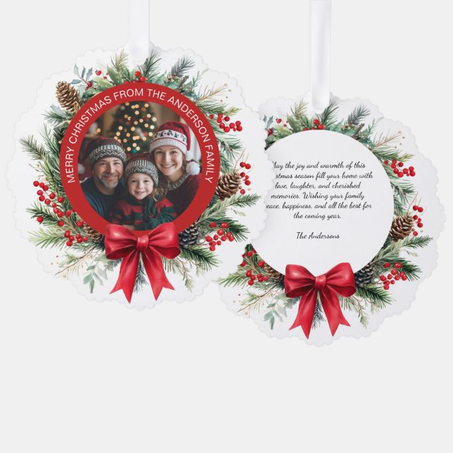 Christmas Wreath Pine Leaves Holly Berries Photo Tree Decoration Card (Front/Back)