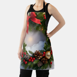 Christmas Wreath Pine Red Ribbon Snow Apron
