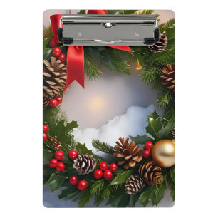 Christmas Wreath Pine Red Ribbon Snow Mini Clipboard