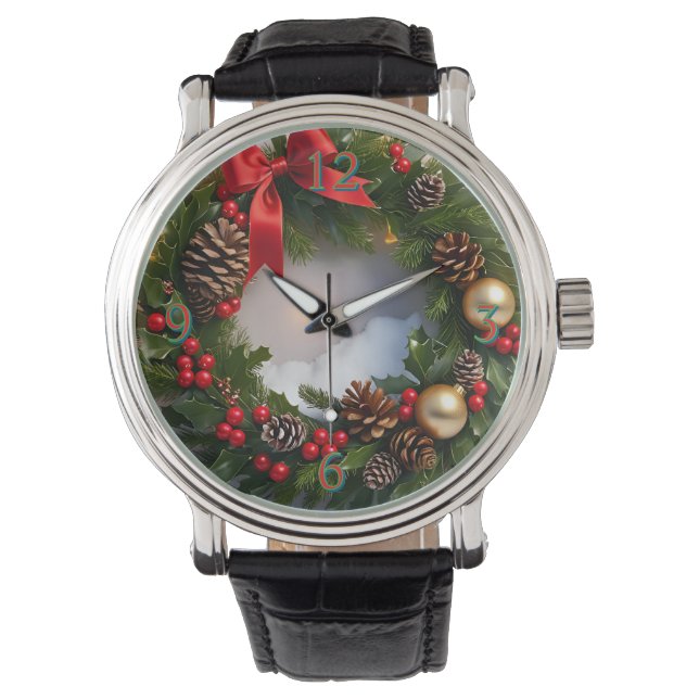 Christmas Wreath Pine Red Ribbon Snow Watch (Front)