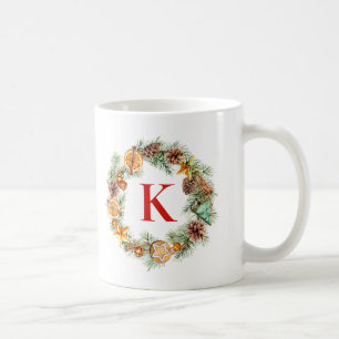 Christmas Wreath Pinecone and Evergreens Monogram Coffee Mug