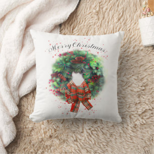 Christmas Wreath Plaid Bow Green And White Cushion