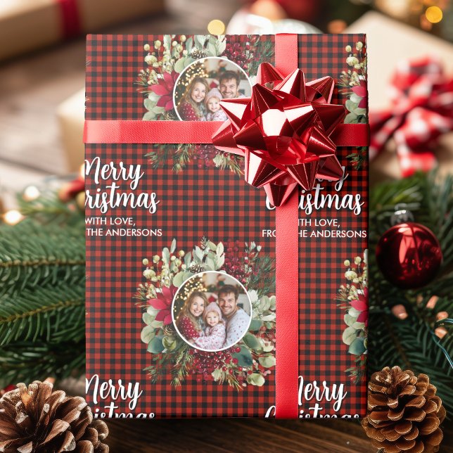 Christmas Wreath Plaids Family Photo Personalized Wrapping Paper (Christmas Wreath Plaids Family Photo Personalized Wrapping Paper)