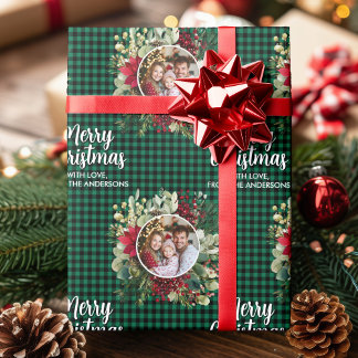 Christmas Wreath Plaids Family Photo Personalized Wrapping Paper