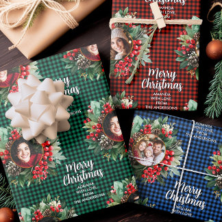 Christmas Wreath Plaids Family Photos Personalized Wrapping Paper Sheet