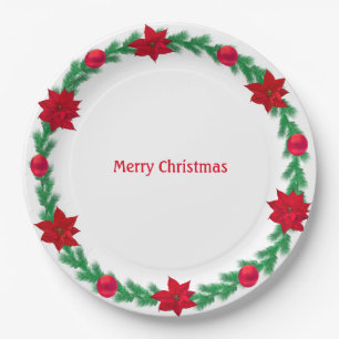 Christmas Wreath, poinsettias & Christmas balls Paper Plate