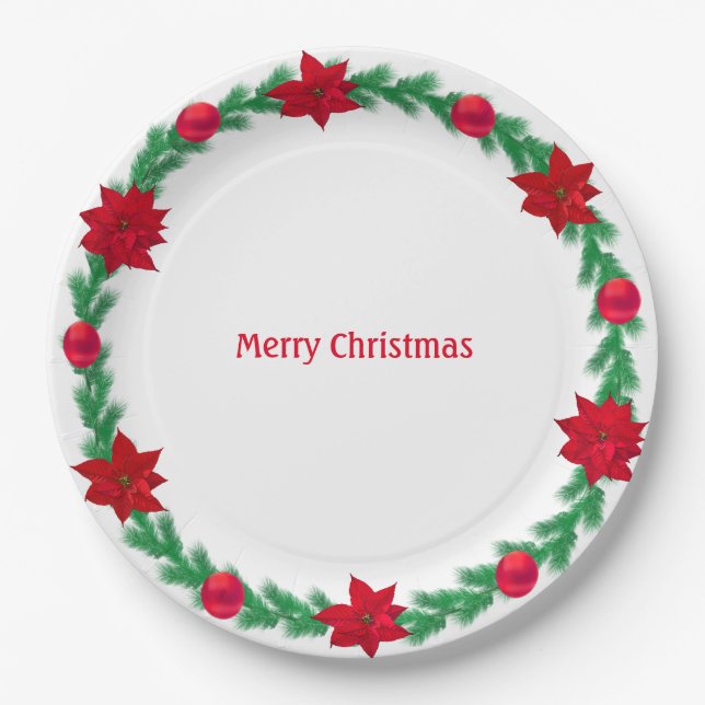 Christmas Wreath, poinsettias & Christmas balls Paper Plate (Front)
