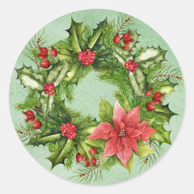 Christmas Wreath Postage Stamp Classic Round Sticker (Front)