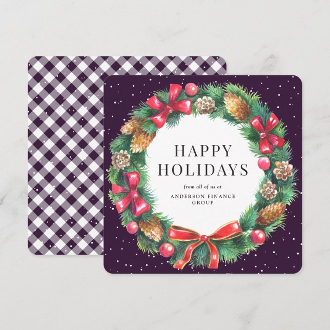 Christmas Wreath Purple Plaid Corporate Business Holiday Card (Front/Back)