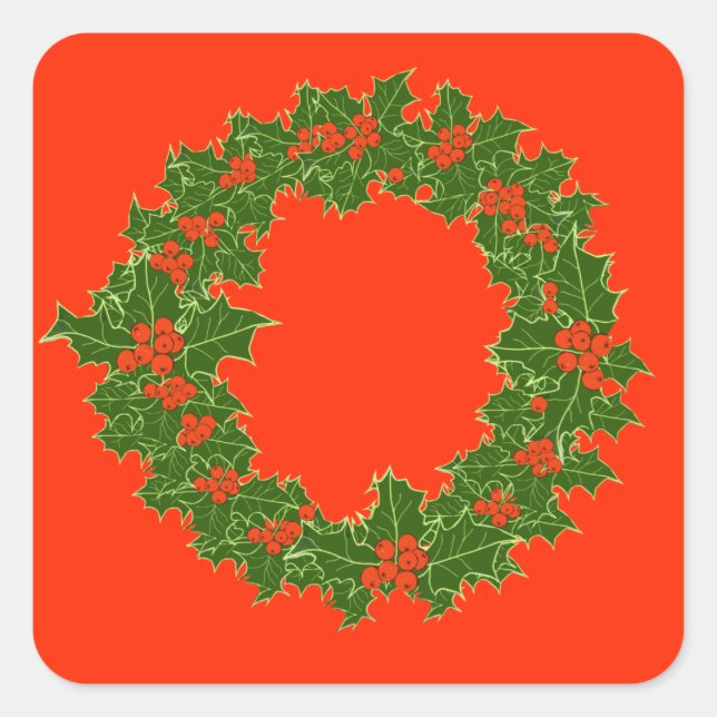 Christmas Wreath Red Berries & Green Leaves Square Sticker (Front)