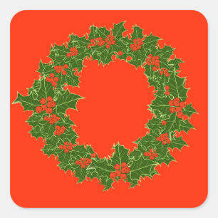 Christmas Wreath Red Berries & Green Leaves Square Sticker