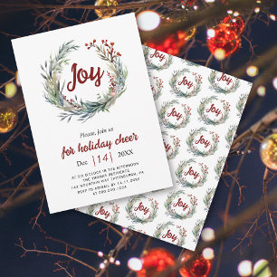 Christmas wreath, red berries Joy Christmas party Invitation