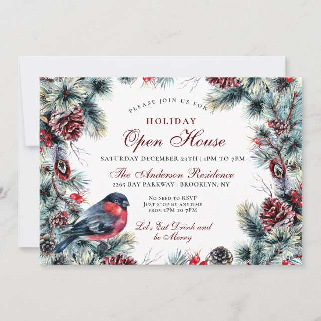 Christmas Wreath & Red Bird Holiday Open House Invitation (Front)
