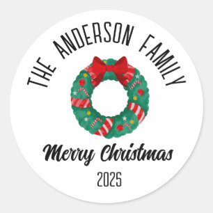 Christmas Wreath Red Bow Lights Personalized Name Classic Round Sticker