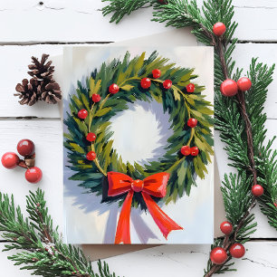 Christmas Wreath Red Bow Merry Holiday Postcard