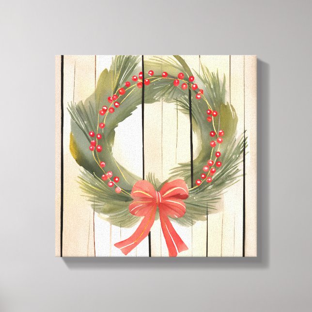 Christmas Wreath Red Bow | Pretty Pine Watercolor Canvas Print (Front)