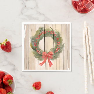 Christmas Wreath Red Bow | Pretty Pine Watercolor Napkin